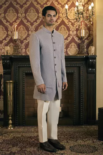 Grey embroidery georgette bandhgala suit