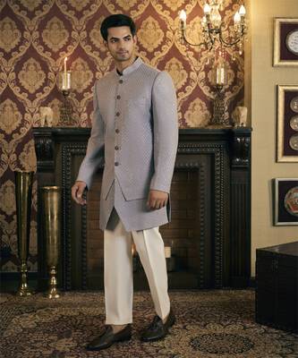 Grey embroidery georgette bandhgala suit 3