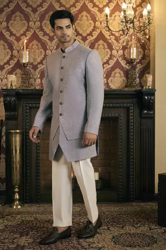Grey embroidery georgette bandhgala suit