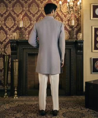Grey embroidery georgette bandhgala suit 4