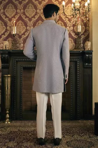 Grey embroidery georgette bandhgala suit