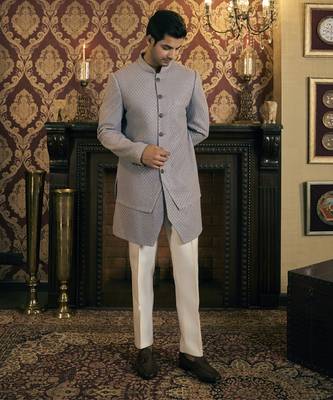 Grey embroidery georgette bandhgala suit 5