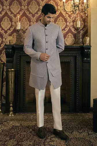Grey embroidery georgette bandhgala suit