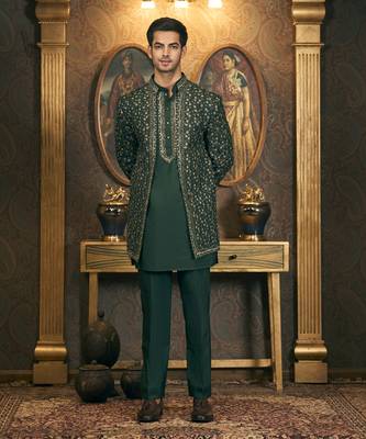 Green embroidery cotton silk bandhgala suit 1