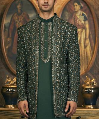 Green embroidery cotton silk bandhgala suit 2