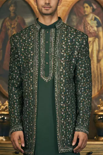 Green embroidery cotton silk bandhgala suit