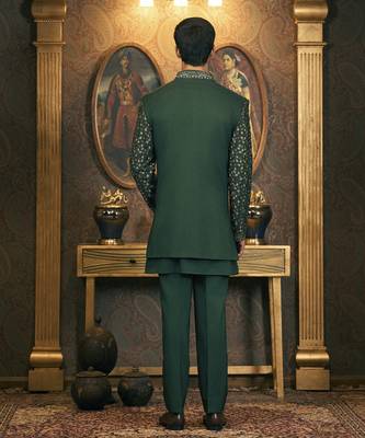 Green embroidery cotton silk bandhgala suit 3