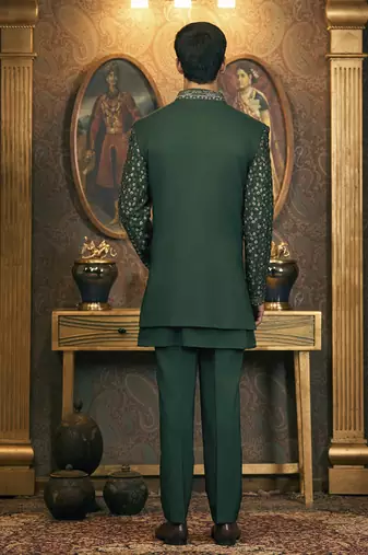 Green embroidery cotton silk bandhgala suit