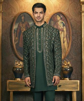 Green embroidery cotton silk bandhgala suit 4