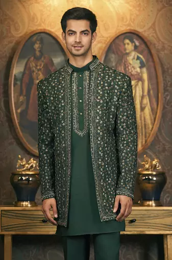 Green embroidery cotton silk bandhgala suit