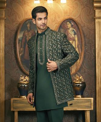 Green embroidery cotton silk bandhgala suit 5