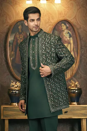 Green embroidery cotton silk bandhgala suit
