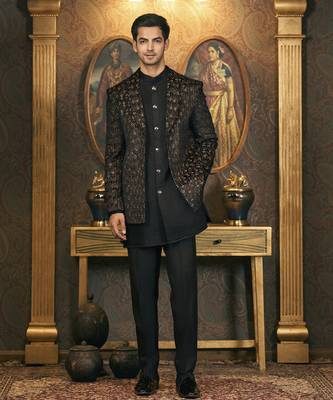 Black embroidery velvet Kurta Jacket Set 1