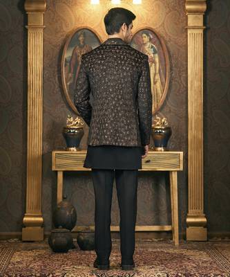 Black embroidery velvet Kurta Jacket Set 2