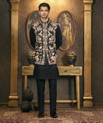 Black embroidery cotton silk kurta jacket set 1