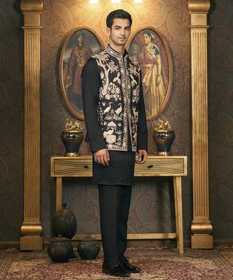 Black embroidery cotton silk kurta jacket set 2