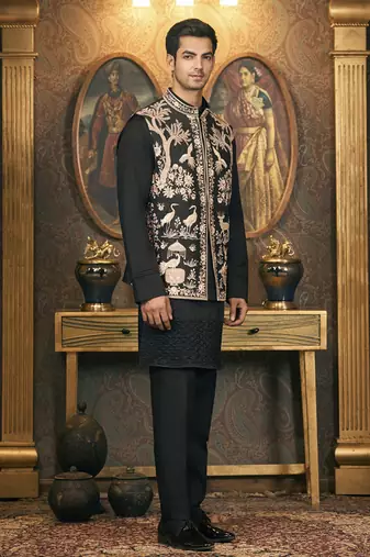 Black embroidery cotton silk kurta jacket set