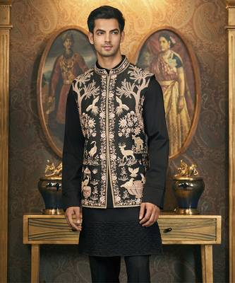 Black embroidery cotton silk kurta jacket set 3