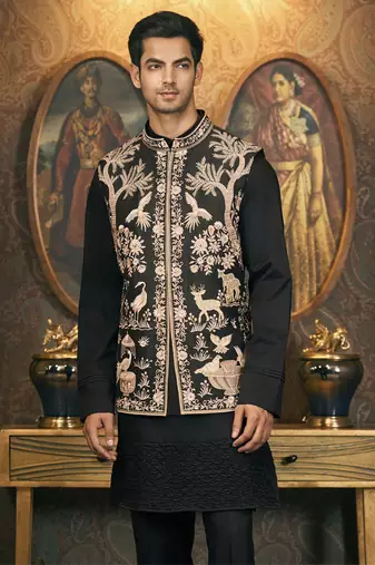 Black embroidery cotton silk kurta jacket set