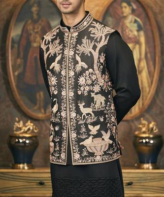 Black embroidery cotton silk kurta jacket set 4