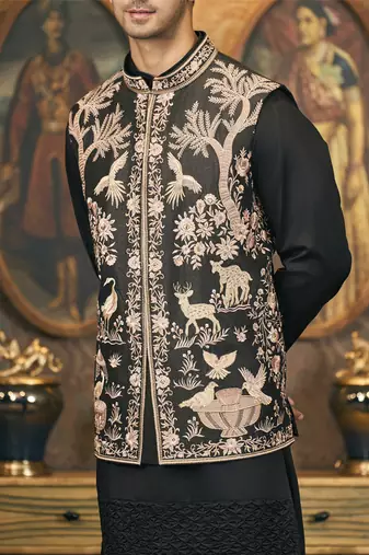Black embroidery cotton silk kurta jacket set