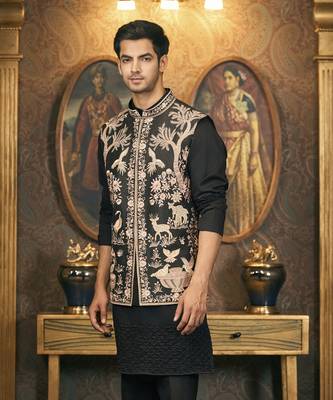 Black embroidery cotton silk kurta jacket set 5