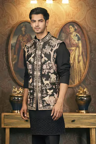 Black embroidery cotton silk kurta jacket set