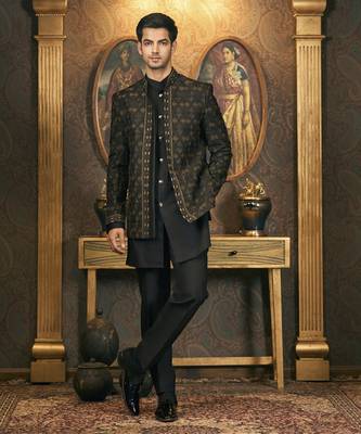 Black embroidery pure raw silk kurta jacket set 1