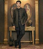 Black embroidery pure raw silk kurta jacket set