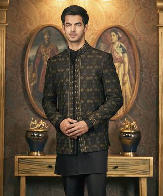 Black embroidery pure raw silk kurta jacket set 2
