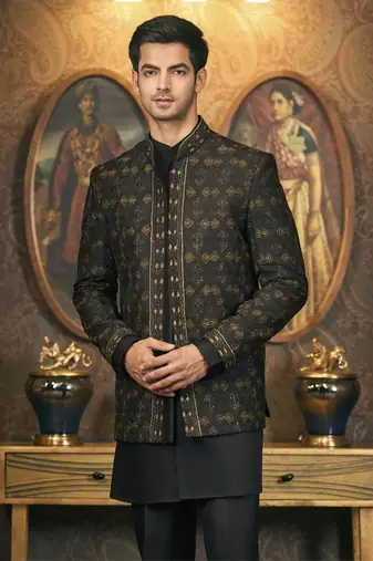 Black embroidery pure raw silk kurta jacket set