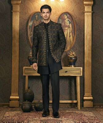 Black embroidery pure raw silk kurta jacket set 3