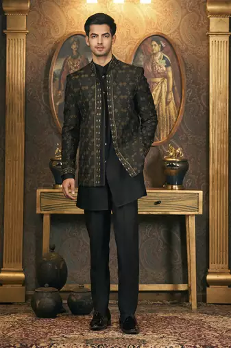 Black embroidery pure raw silk kurta jacket set