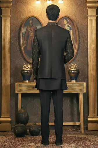 Black embroidery pure raw silk kurta jacket set