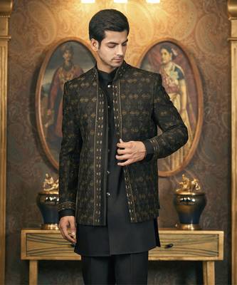Black embroidery pure raw silk kurta jacket set 5