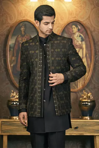 Black embroidery pure raw silk kurta jacket set