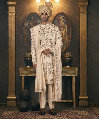 White embroidery chanderi sherwani 1