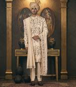 White embroidery chanderi sherwani