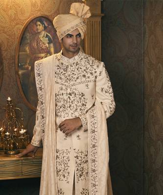 White embroidery chanderi sherwani 2
