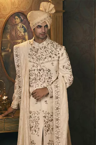 White embroidery chanderi sherwani