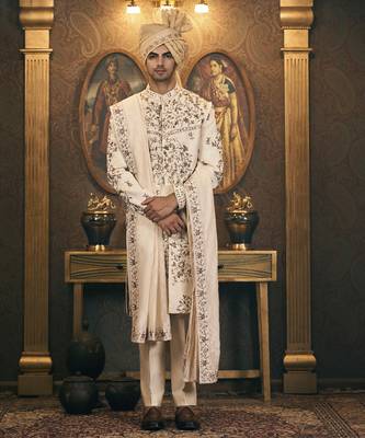 White embroidery chanderi sherwani 3