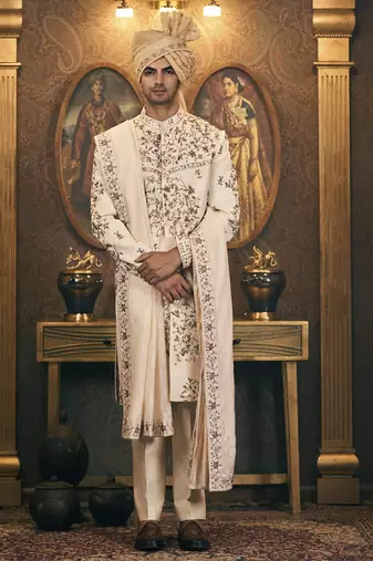 White embroidery chanderi sherwani