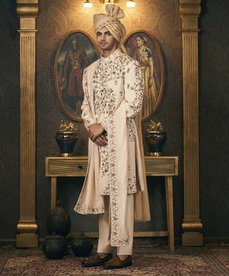 White embroidery chanderi sherwani 4