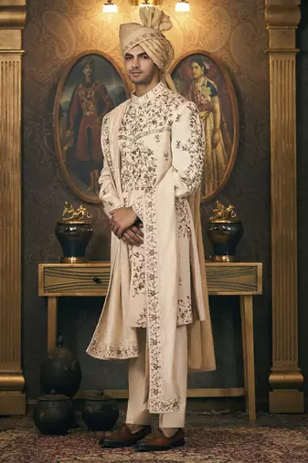 White embroidery chanderi sherwani