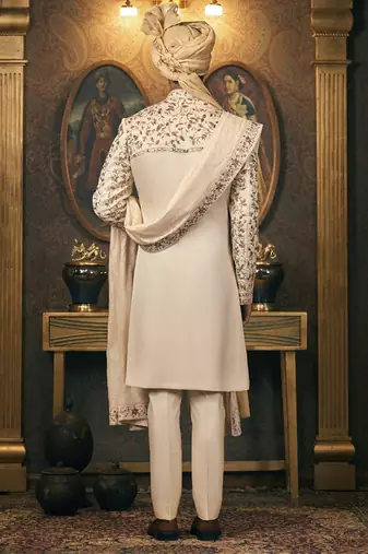White embroidery chanderi sherwani
