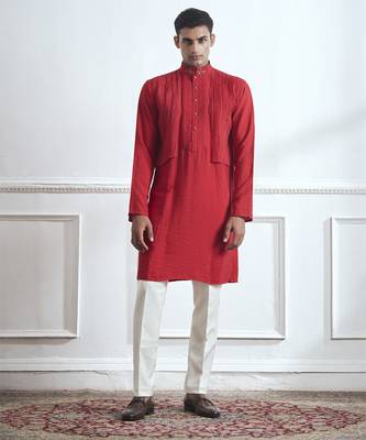 Red embroidered cotton kurta pajama 1
