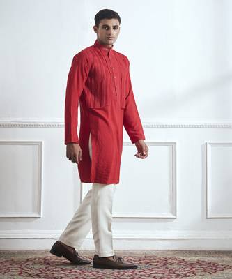Red embroidered cotton kurta pajama 2