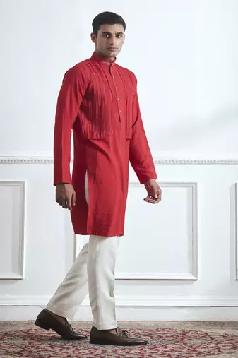 Red embroidered cotton kurta pajama