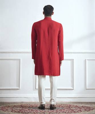 Red embroidered cotton kurta pajama 3