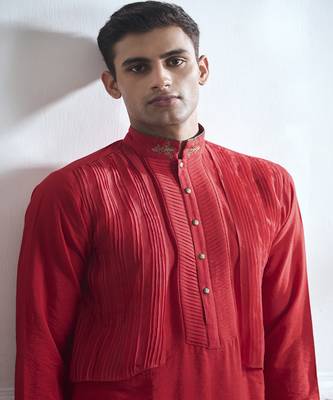 Red embroidered cotton kurta pajama 4